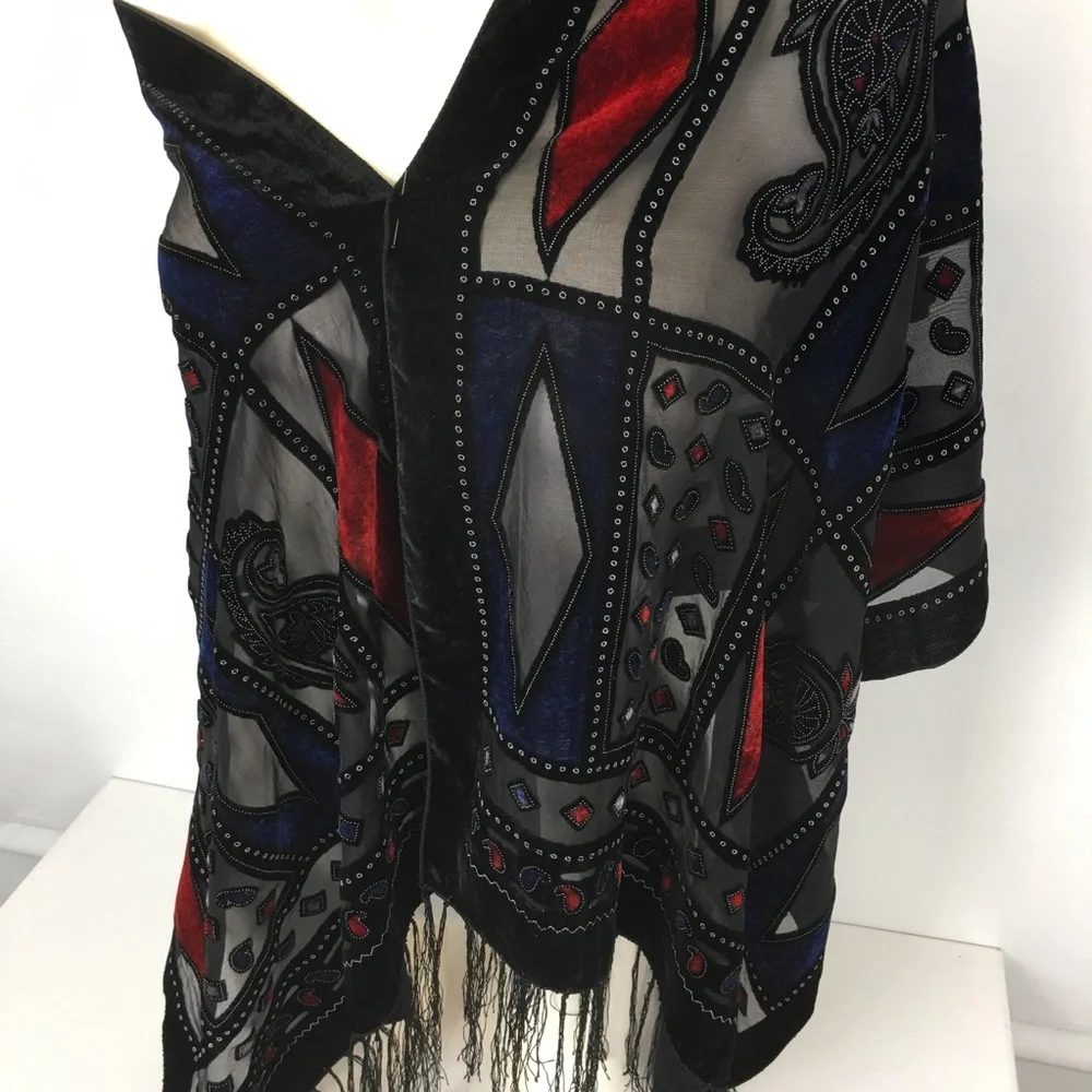 Black Velvet Burnout Paisley Silk-Blend Shawl Scarf Wrap Red & Blue Diamonds